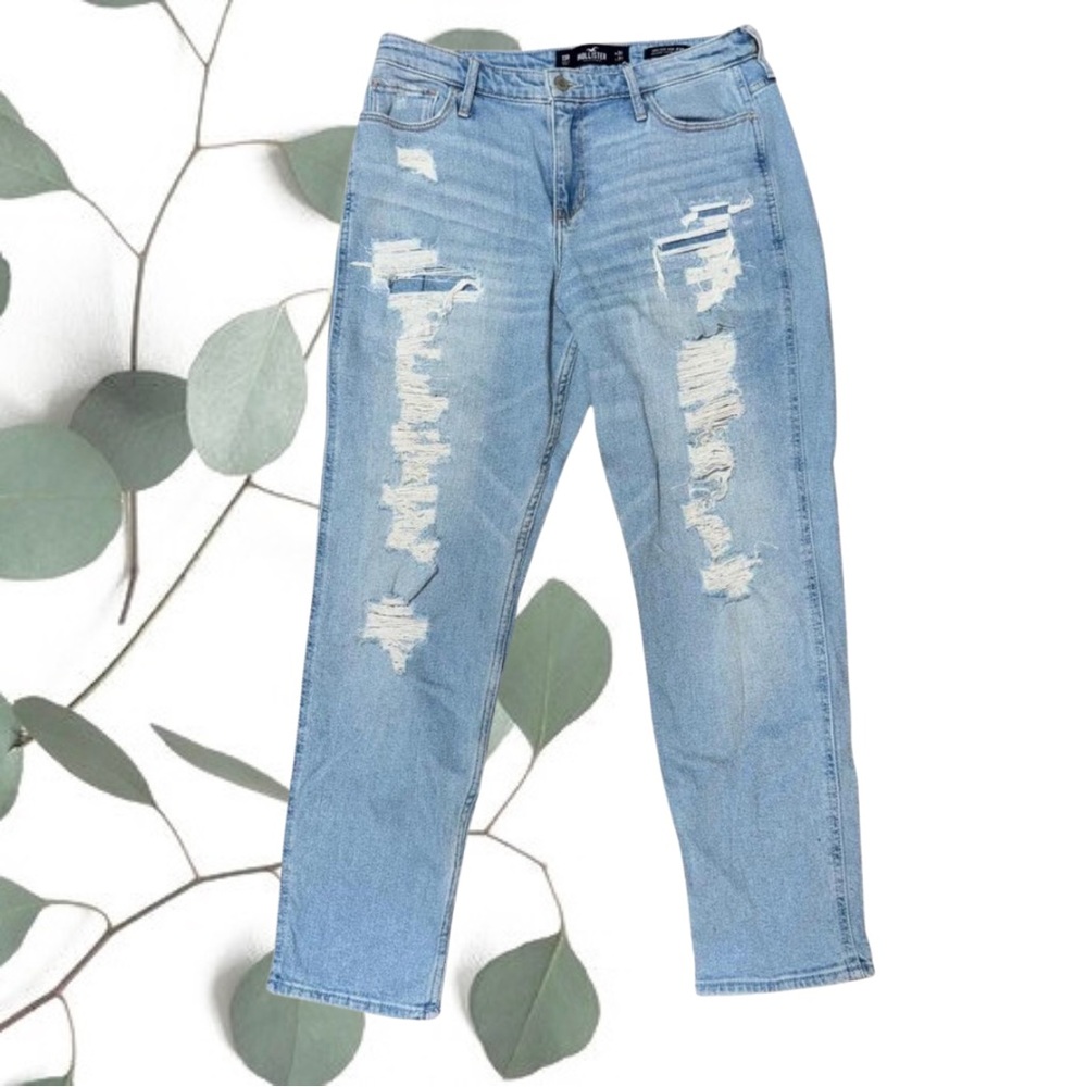 Hollister high-waisted, distressed, light blue denim ripped mom jeans